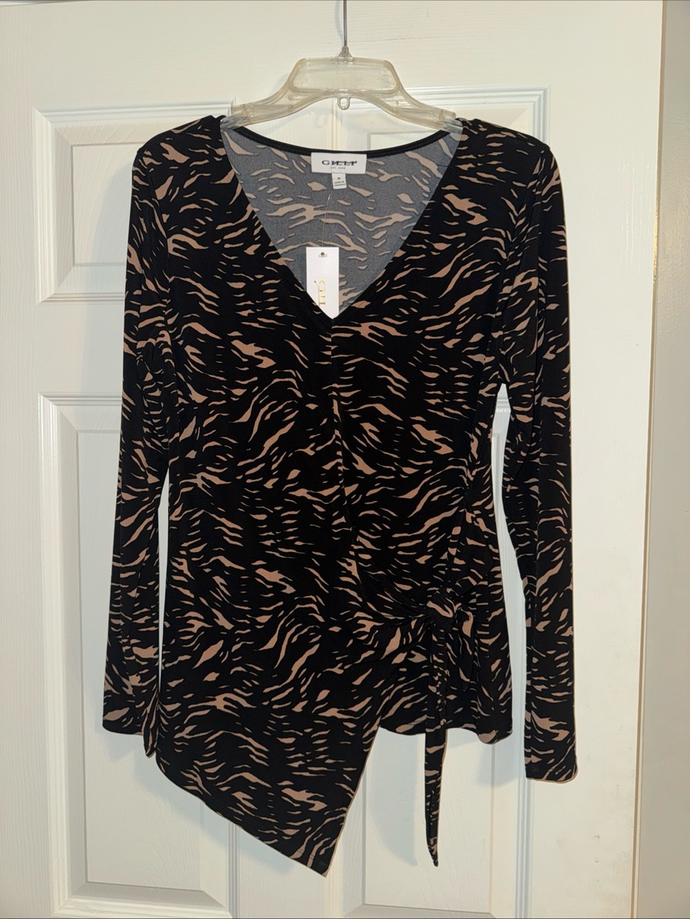 Gilli Black & Taupe Animal-Print Wrap Tunic Top